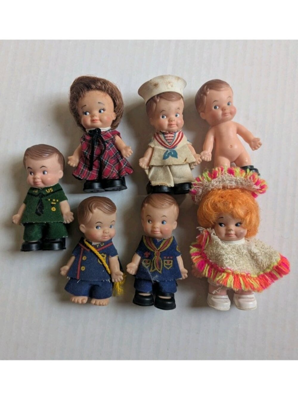 Vintage 1960s Uneeda Pee Wee Doll Lot of 7 - Uniforms Scouts Sailor Mini Pocket